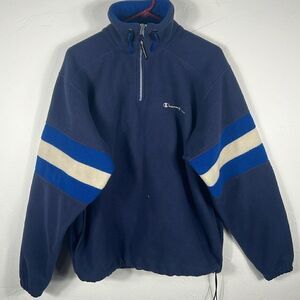 🔥🔥 Vintage CHAMPION Sherpa Fleece Pullover 1/4 Zip Sweatshirt - Sz M - Navy